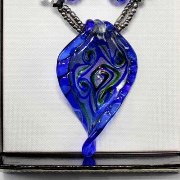 Mixit Set Necklace & Earrings Cobalt Blue Murano Glass Gunmetal Hematite Gift - Picture 2 of 7